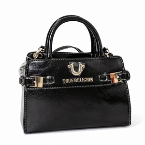True Religion Satchel Handbag Black Patent Faux Leather Top Handle Purse NWT